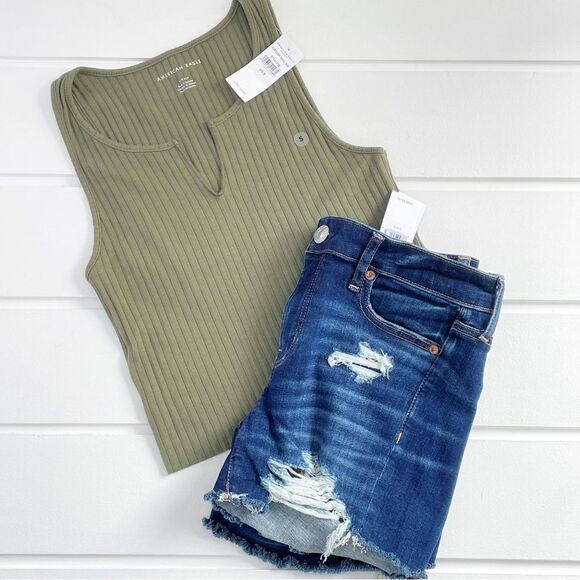 Lot of American Eagle Outfitters - Raw Hem Jean Shorts Halter Tank & Peasant Top - Picture 3 of 16
